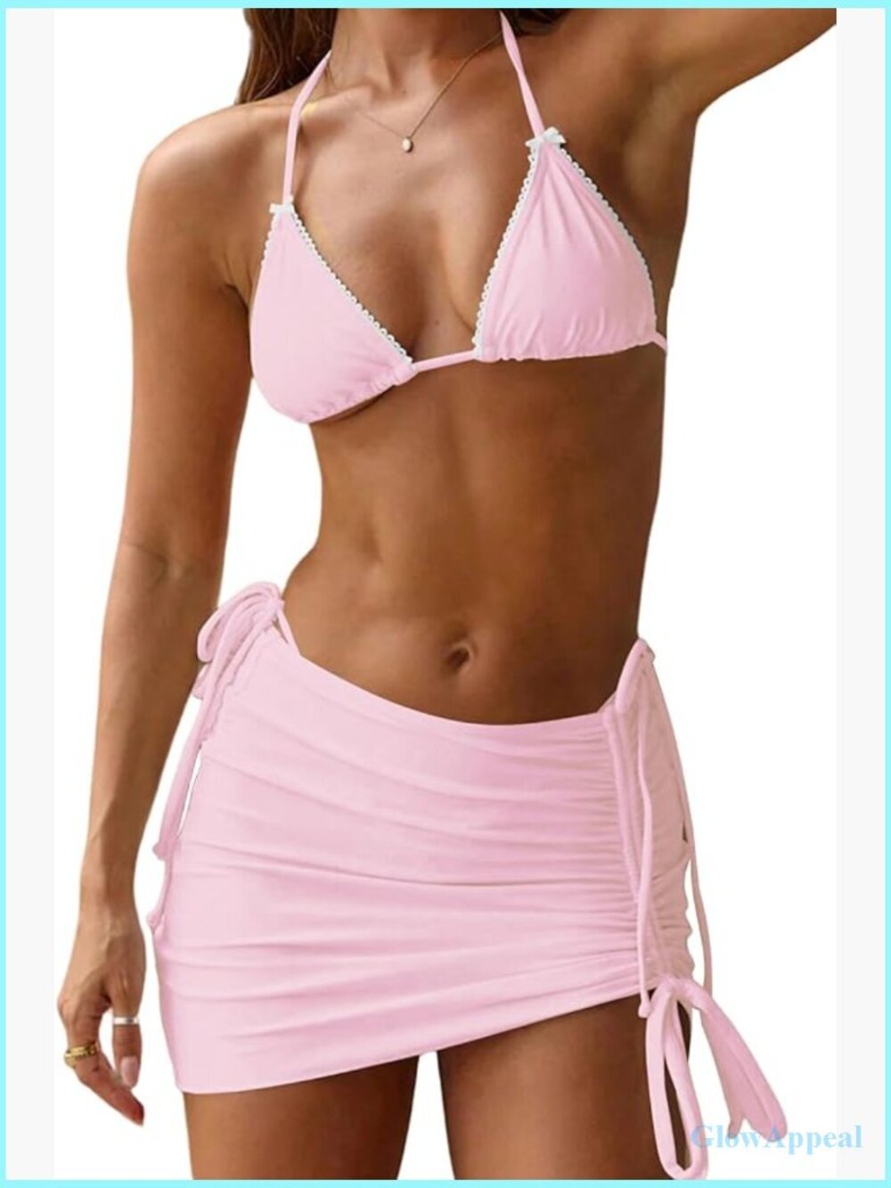 3 Piece Bow Bikini Set Halter Triangle Swimsuit with Beach Skirt